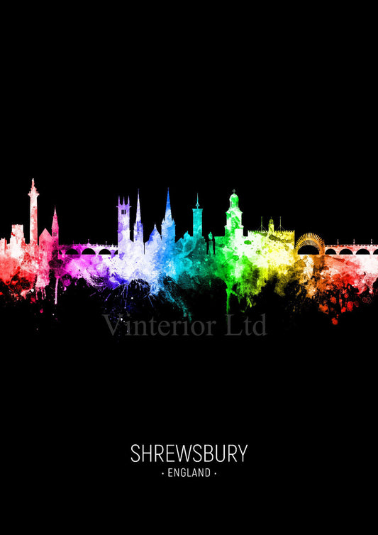 Shrewsbury Skyline A4 print Black/Rainbow (v20)